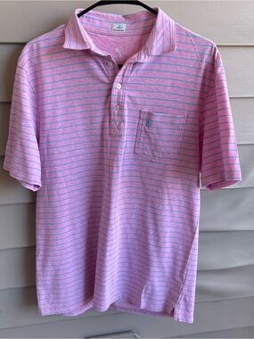 Johnnie-O Hangin Out Surf Mens Medium Polo Shirt Pink Striped Short Sleeve Golf
